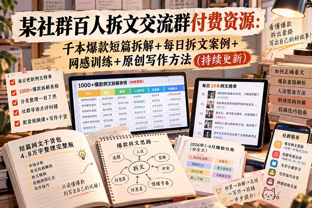 某社群百人拆文交流群付费资源-更新0929：千本爆款短篇拆解+每日拆文案例+网感训练+原创写作方法-优优云网创