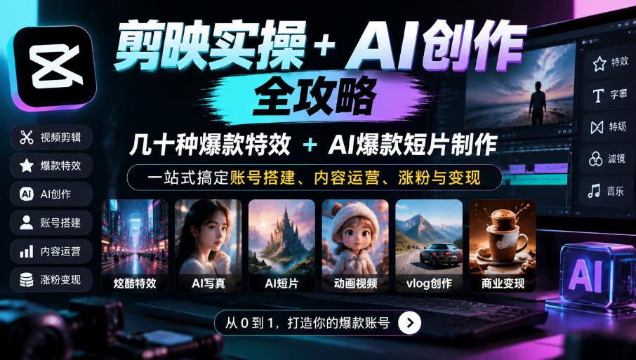 剪映实操+AI创作全攻略｜几十种爆款特效+AI爆款短片制作，一站式搞定账号搭建、内容运营、涨粉与变现-优优云网创