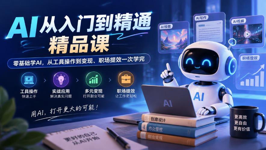 AI从入门到精通精品课，零基础学AI，从工具操作到变现、职场提效一次学完-优优云网创