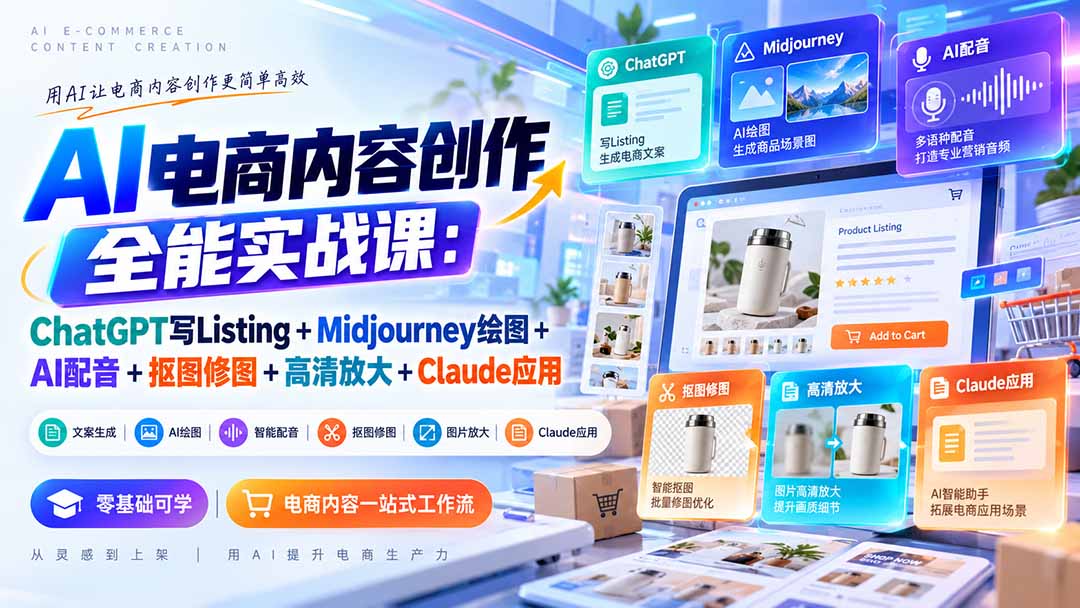 【无水印】AI电商内容创作全能实战课：ChatGPT写Listing+Midjourney绘图+AI配音+抠图修图+高清放大+Claude应用-优优云网创