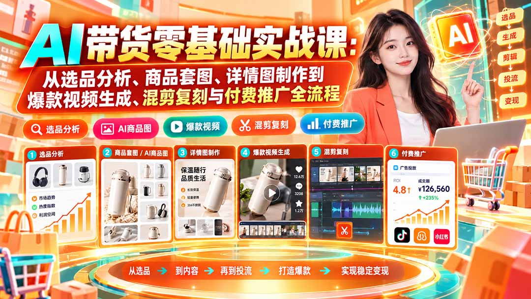 AI带货零基础实战课：从选品分析、商品套图、详情图制作到爆款视频生成、混剪复刻与付费推广全流程-优优云网创