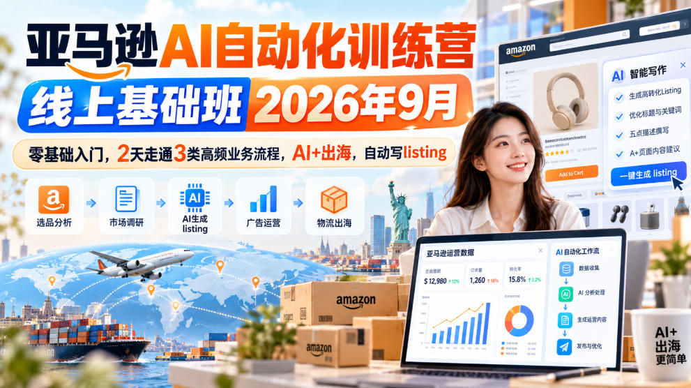 亚马逊AI自动化训练营线上基础班2026年9月，零基础入门，2天走通3类高频业务流程，AI+出海，自动写listing-优优云网创
