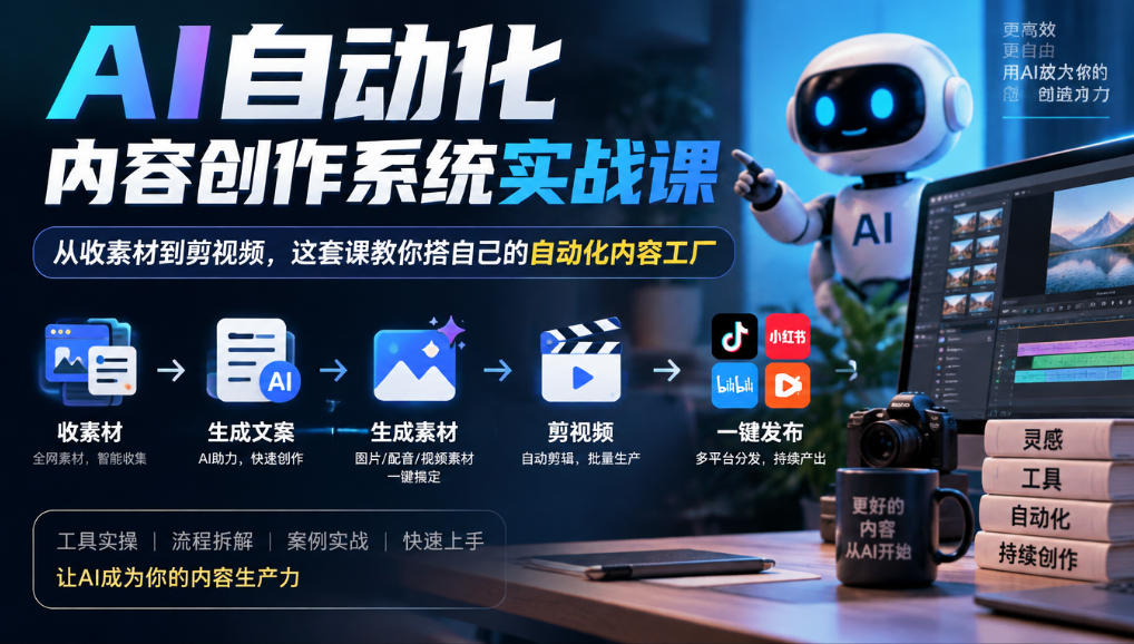 AI自动化内容创作系统实战课，从收素材到剪视频，这套课教你搭自己的自动化内容工厂-优优云网创
