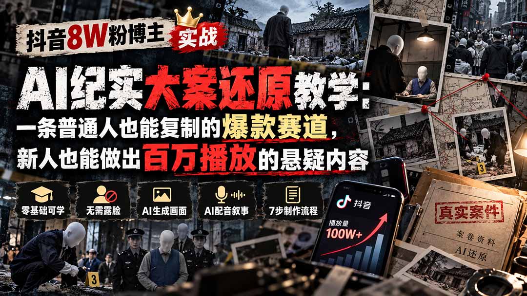抖音8W粉博主AI纪实大案还原教学：一条普通人也能复制的爆款赛道，新人也能做出百万播放的悬疑内容-优优云网创