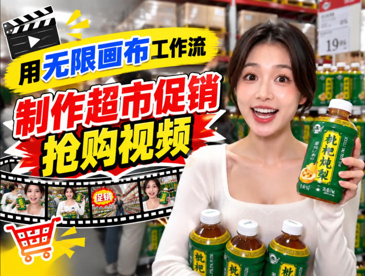 无限画布超市促销抢购视频工作流，一键产出TikTok抖音带货短视频-优优云网创