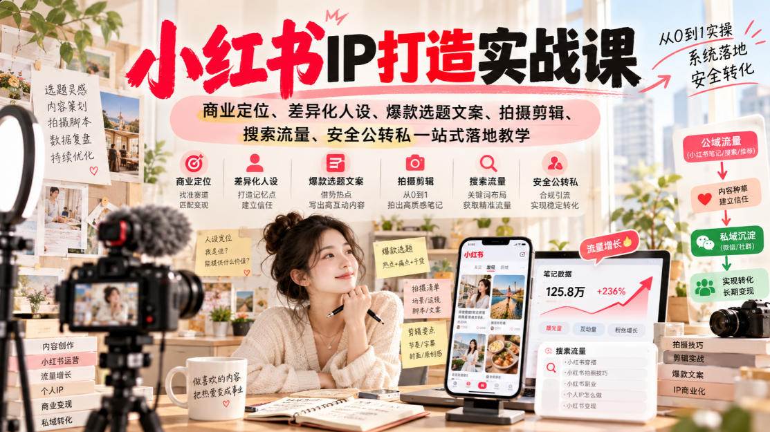 小红书ip打造实战课，商业定位、差异化人设、爆款选题文案、拍摄剪辑、搜索流量、安全公转私一站式落地教学-优优云网创