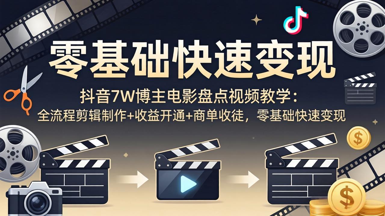 抖音7W博主电影盘点视频教学：全流程剪辑制作+收益开通+商单收徒，零基础快速变现-优优云网创