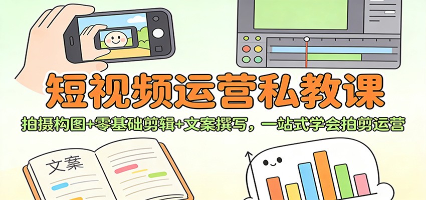 短视频运营私教课：拍摄构图+零基础剪辑 +文案撰写，一站式学会拍剪运营-优优云网创