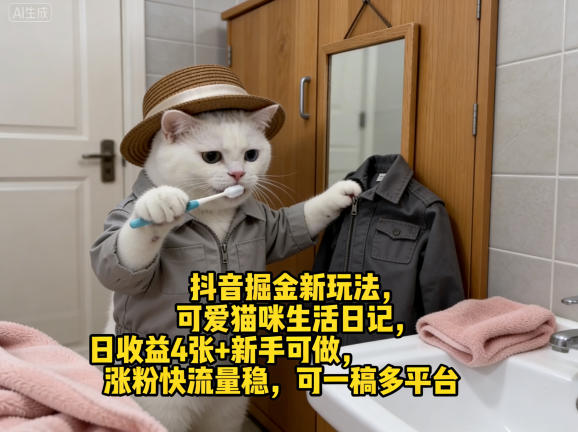 抖音掘金新玩法，可爱猫咪生活日记，日收益4张+新手可做，涨粉快流量稳，可一稿多平台-优优云网创