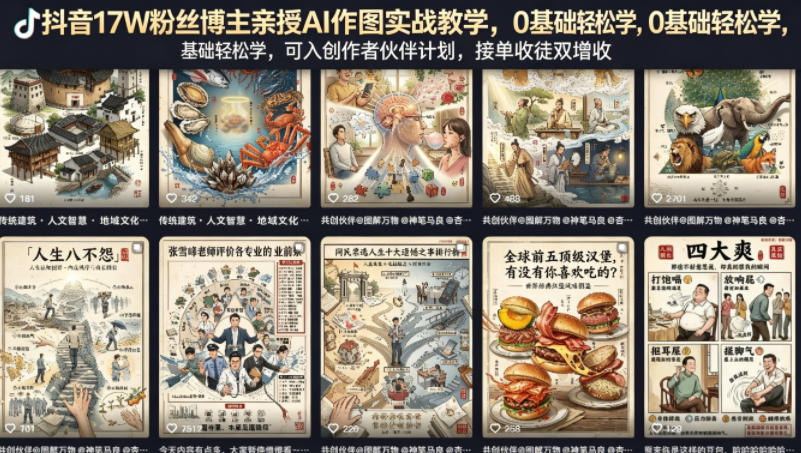 抖音17W粉丝博主亲授AI作图实战教学,0基础轻松学,可入创作者伙伴计划,接单收徒双增收-优优云网创