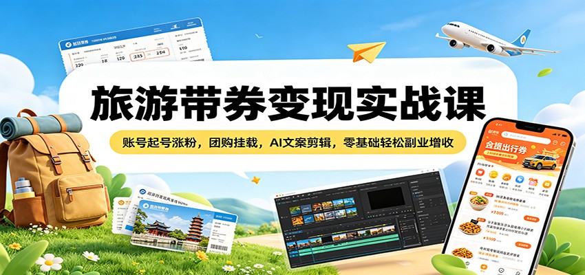 旅游带券变现实战课:账号起号涨粉,团购挂载,AI文案剪辑,零基础轻松副业增收-优优云网创
