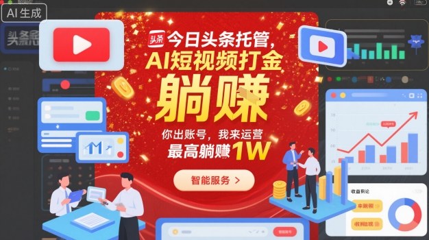 今日头条托管，AI短视频打金，你出账号，我来运营，最高躺賺1W【揭秘】-优优云网创