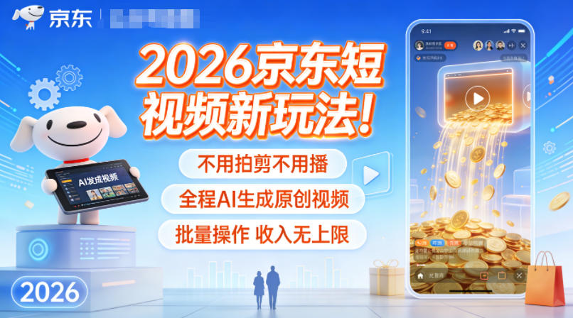 2026京东短视频新玩法！不用拍剪不用播，全程AI生成原创视频，批量操作收入无上限