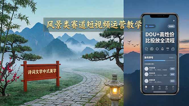 风景类赛道短视频运营教学：诗词文学中式美学，新号养号对标账号定位，DOU+高性价比投放全流程-优优云网创