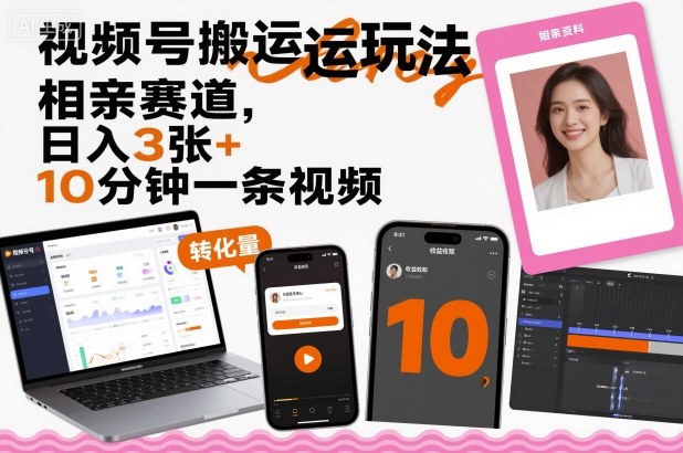 视频号搬运玩法，相亲赛道，日入3张+，10分钟一条视频-优优云网创