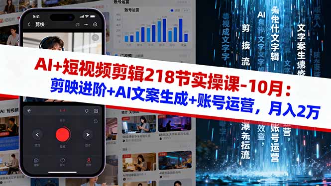 AI+短视频剪辑218节实操课-10月：剪映进阶+AI文案生成+账号运营，月入2万-优优云网创