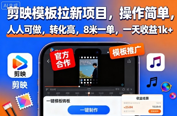 剪映模板拉新项目，操作简单，人人可做，转化高，8米一单，一天收益1k+-优优云网创