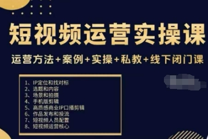 短视频运营实操课,运营方法+案例+实操+私教+线下闭门课-优优云网创