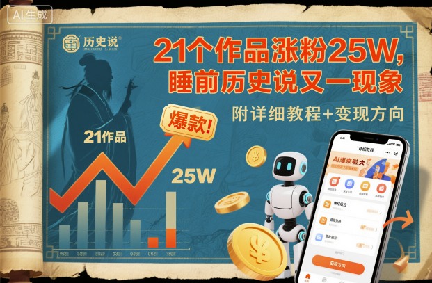 21个作品涨粉25W，睡前历史说又一现象级AI内容大爆款来啦，附详细教程+变现方向-优优云网创