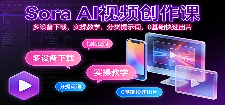 Sora AI视频创作课：多设备下载，实操教学，分类提示词，0基础快速出片-优优云网创