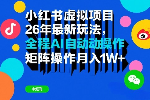 小红书虚拟项目26年最新玩法，全程AI自动操作，矩阵操作月入1W＋【揭秘】-优优云网创
