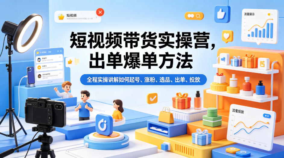 短视频带货实操营，出单爆单方法，全程实操讲解如何起号、涨粉、选品、出单、投放(更新0515)-优优云网创