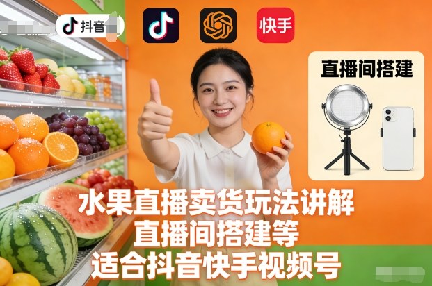 水果直播卖货玩法讲解、直播间搭建等，适合抖音快手视频号-优优云网创