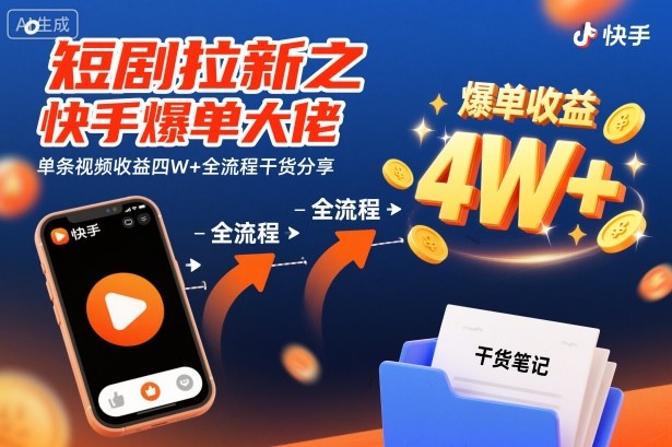 短剧拉新之快手爆单大佬单条视频收益四W+全流程干货分享-优优云网创