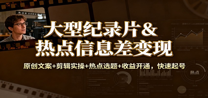 大型纪录片&热点信息差变现:原创文案+剪辑实操+热点选题+收益开通,快速起号-优优云网创