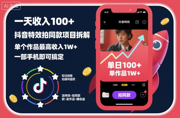 一天收入100+，抖音特效拍同款项目拆解，单个作品最高收入1W+，一部手机即可搞定-优优云网创