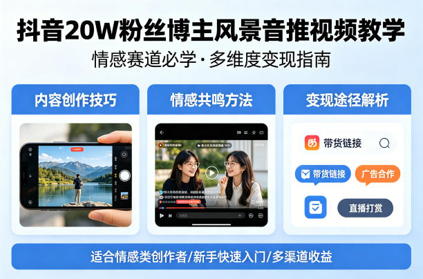 抖音20W粉丝博主风景音推视频教学，情感赛道必学，各种变现途径-优优云网创