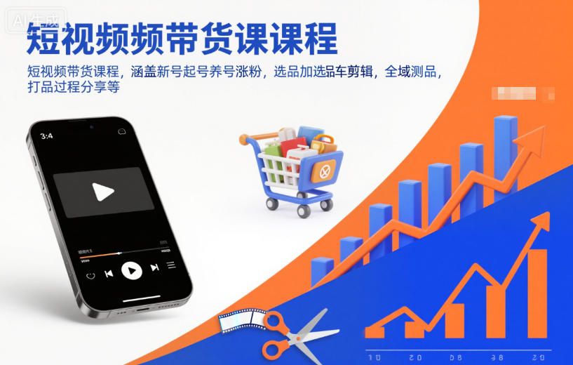 短视频带货课程，涵盖新号起号养号涨粉，选品加选品车剪辑，全域测品，打品过程分享等-优优云网创