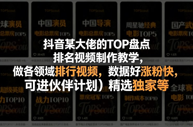 抖音某大佬的TOP盘点排名视频制作,做各领域排行视频,数据好涨粉快,可进伙伴计划+精选独家等-优优云网创