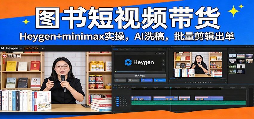 图书短视频带货：Heygen+minimax实操，AI洗稿 ，批量剪辑出单-优优云网创