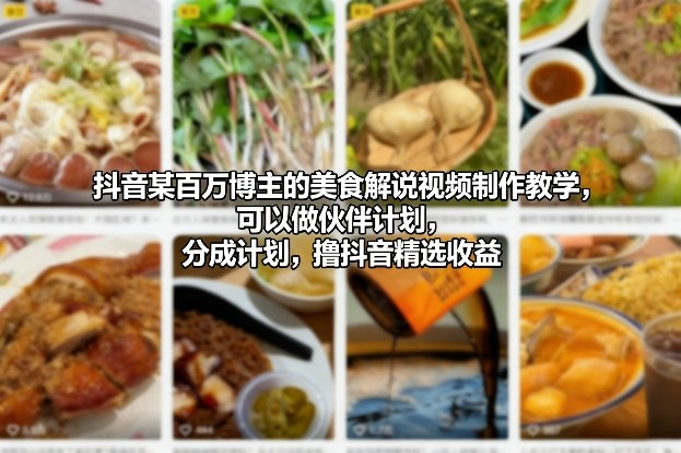 抖音某百万博主的美食解说视频制作教学，可以做伙伴计划，分成计划，撸抖音精选收益(更新)-优优云网创