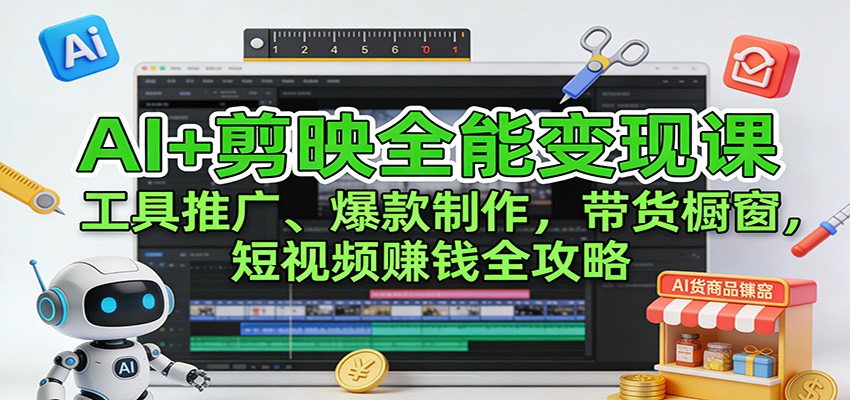 AI+剪映全能变现课：工具推广、爆款制作、带货橱窗，短视频赚钱全攻略-优优云网创