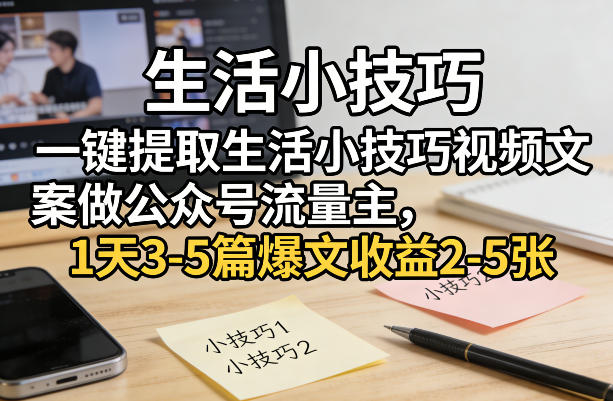 一键提取生活小技巧视频文案做公众号流量主，1天3-5篇爆文收益2-5张