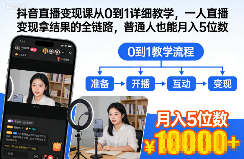 抖音直播变现课从0到1详细教学,一人直播变现拿结果的全链路,普通人也能月入5位数-优优云网创