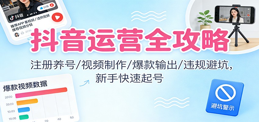 抖音运营全攻略：注册养号/视频制作/爆款输出/违规避坑，新手快速起号-优优云网创