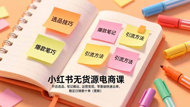 小红书无货源电商课，开店选品、笔记搬运、运营变现，零基础快速出单，稳定日销数十单(更新-优优云网创