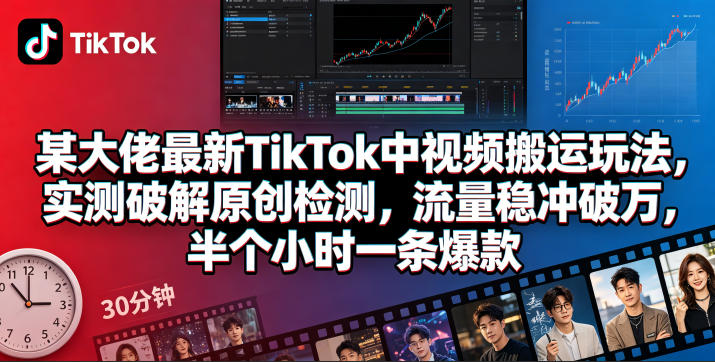 某大佬最新TikTok中视频搬运玩法，实测破解原创检测，流量稳冲破万，半个小时一条爆款-优优云网创