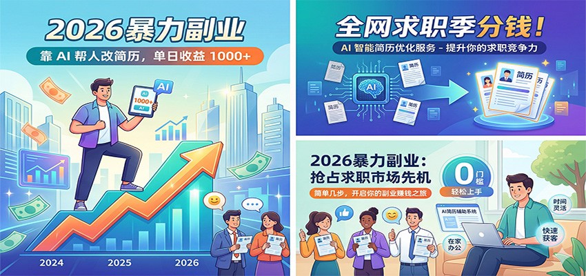 2026暴力副业：靠AI帮人改简历，单日收益1000+，全网求职季分钱-优优云网创