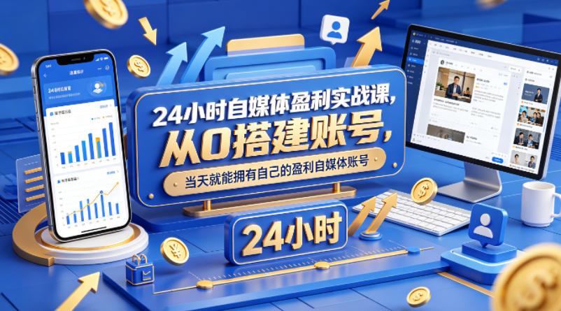 24小时自媒体盈利实战课，从0搭建账号，当天就能拥有自己的盈利自媒体账号