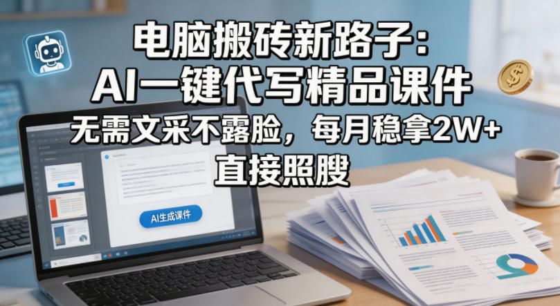电脑搬砖新路子：AI一键代写精品课件，无需文采不露脸，每月稳拿2W+，直接照搬
