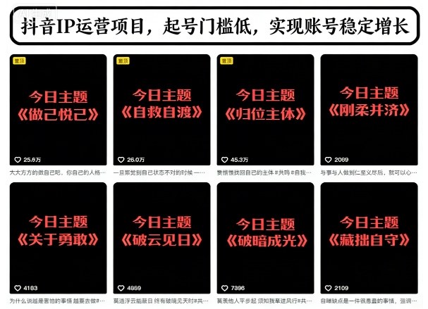 抖音IP运营项目，抖音今日主题玩法，起号门槛低，实现账号稳定增长-优优云网创