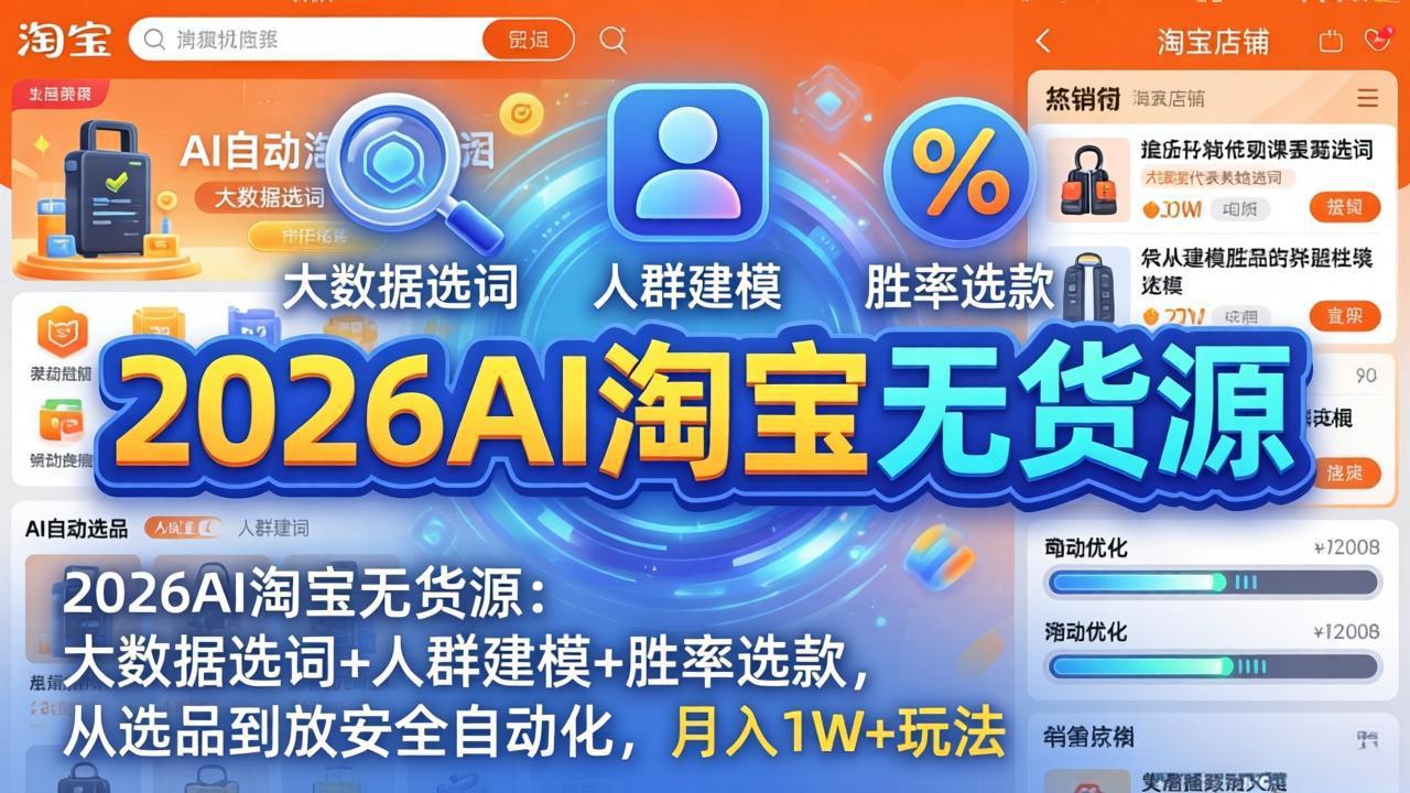 2026AI淘宝无货源：大数据选词+人群建模+胜率选款，从选品到放大全自动化，月入1W+玩法-优优云网创