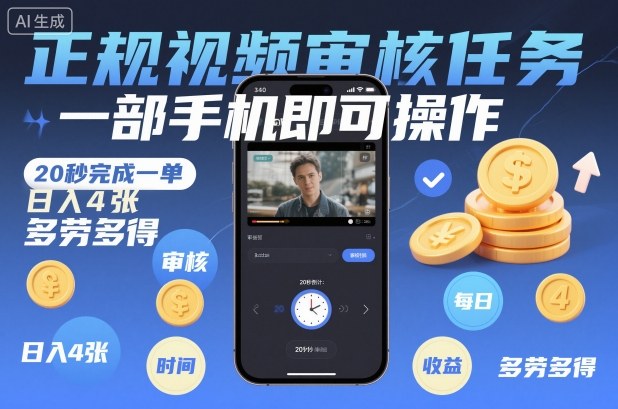 正规视频审核任务,一部手机即可操作,20秒完成一单,日入4张,多劳多得【揭秘】