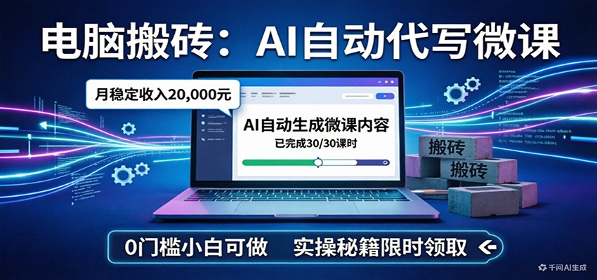 电脑搬砖AI自动代写微课，月稳定2W，0门槛小白可做，实操秘籍-优优云网创