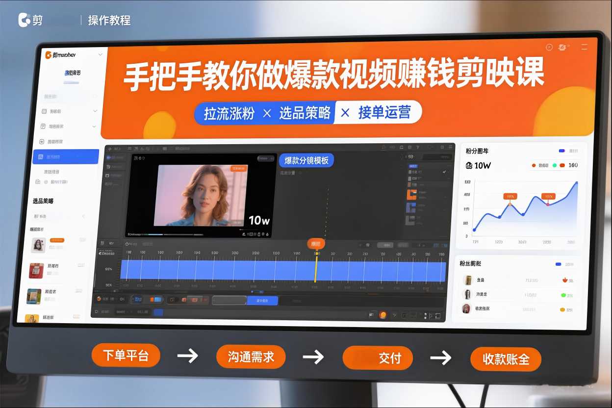 手把手教你做爆款视频赚钱剪映课，手把手教学拉流涨粉、选品策略和接单运营（更新2026）