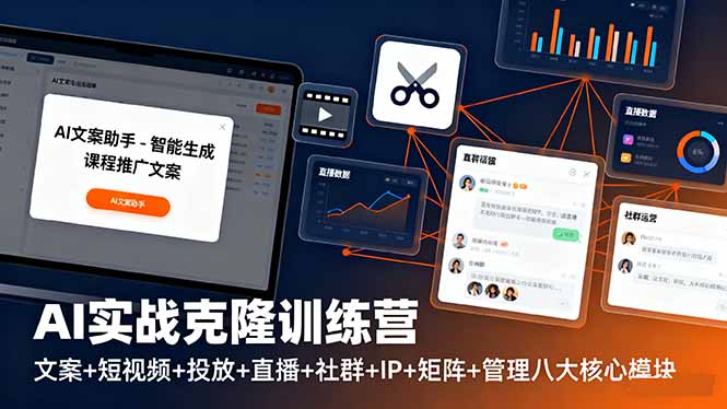 AI实战克隆训练营:文案+短视频+投放+直播+社群+IP+矩阵+管理八大核心模块-优优云网创